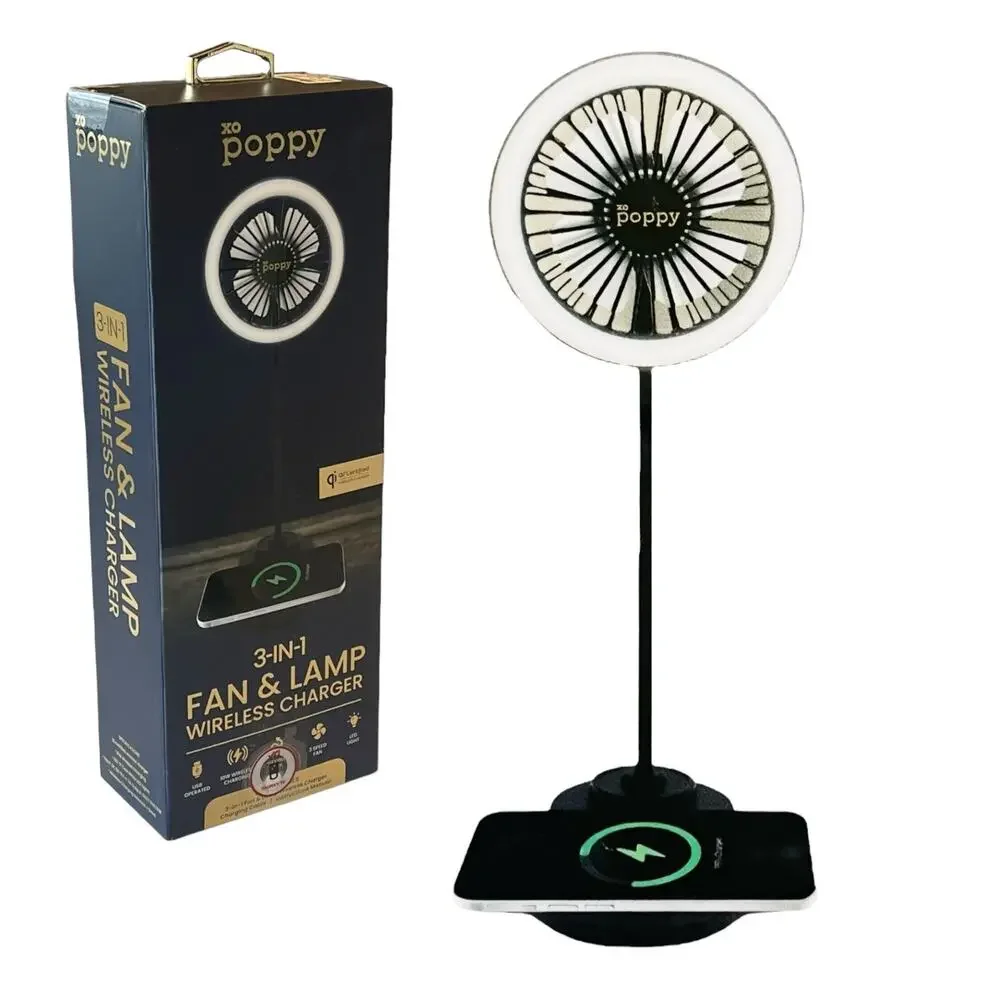 NEW Poppy FAN LAMP WIRELESS CHARGER 3in1 Flexible Neck LED Ring Light USB